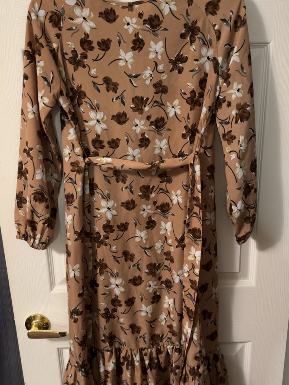 SHEIN Brown Floral Long Sleeve Midi Dress